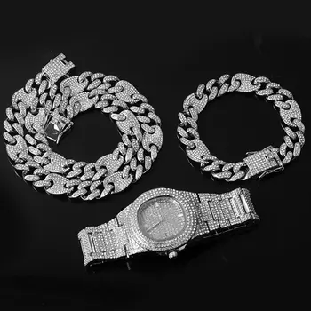 Hip Hop Collar +Reloj+Pulsera+ AAA Helado Fuera de Aleación de diamantes de Imitación de Café en grano para un Cubano de Miami Enlace Collar de Cadena De los Hombres de la Joyería