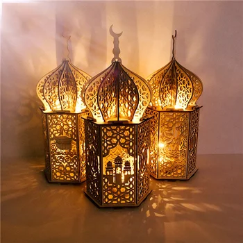 De madera Eid Caja de Regalo Con las Luces de la fiesta Musulmana de Aid Mubarak Eid Decoración Ramadán Kareem Decoración para el Hogar Mezquita Islámica de Eid ul Fitr