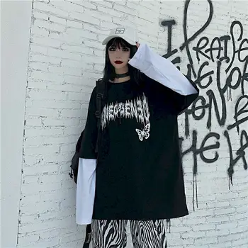 Goth T-shirt Hombres Mujeres Tops Otoño 2020 Nuevo Estudiante coreano Flojo Sección Delgada Ins Harajuku Estilo Falso de Dos piezas de manga Larga