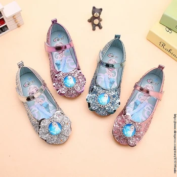 Los Niños De La Princesa De Frozen Sandalias Niñas Glitter Zapatos De Cuero De Moda Arco De Fiesta Vestido De Boda Planas De Los Zapatos De Los Niños Para Banquetes De Sandalias