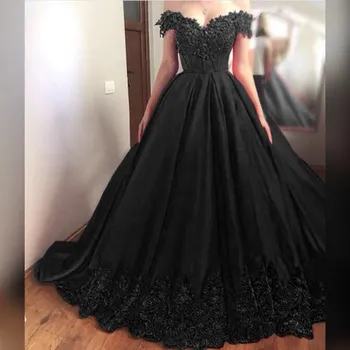 La Princesa Negra Noche Vestidos De Bola Vestido De Quinceañera Abendkleider Dubai Apliques De Encaje De Raso De Los Hombros Fuera De La Novia Vestido De Gala