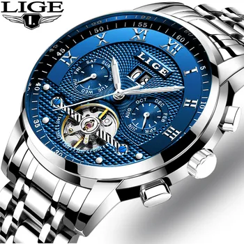 2019Mens Relojes LIGE parte Superior de la Marca de Lujo Tourbillon Mecánico Automático para Hombre Reloj de Negocio de Acero Inoxidable de la prenda Impermeable del Reloj+Caja