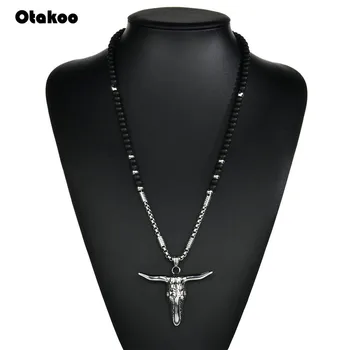 Otakoo Nuevo Diseño Negro de los Hombres Collar de colgantes de 3,5 MM piedra de grano con el Búfalo Cráneo colgante del encanto del collar de la Joyería de la Moda