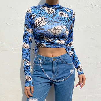 Darlingaga Streetwear Azul de la Impresión del Leopardo Bodycon Mujer T-camisa de Lado Cordón y2k Top Sexy Recortada Otoño camiseta Camisetas
