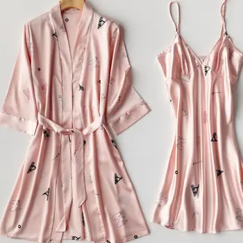 2PCS Conjunto de Dormir Camisón Mujeres Kimono Vestido de Bata de Satén Noctámbulo&Traje Traje de Novia Dama de honor de la Boda Traje Sexy ropa de dormir