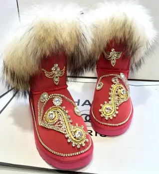2019 invierno new golden diamond plus de terciopelo piel zapatos de cuero auténtico de la borla de diamante DIY personalizado botas de nieve de las botas de las mujeres