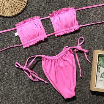 ZTVitality Verde, Rosa, Mujer Bikinis 2019 Venta Caliente Sexy Sin Tirantes De Cadena De Bikini De Talle Bajo Pliegue De Trajes De Baño De Mujer Traje De Baño De Biquini