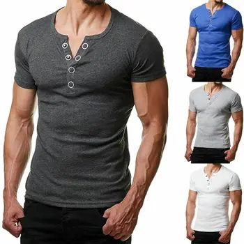 Hombres Slim Fit Cuello V Manga Corta del Músculo Camiseta T-shirt Casual Tops Henley Camisetas Sólido de la Moda Botón Camiseta Nueva Ropa de Moda