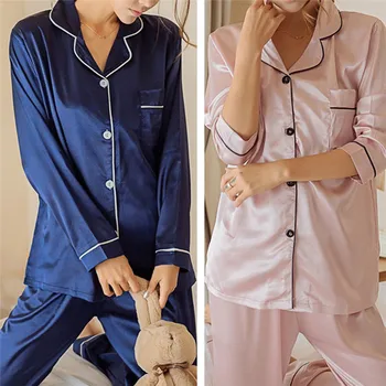 Mujer De Seda De Satén Pijamas Pijamas Conjunto De Manga Larga Ropa De Dormir Pijama Pijama Traje Femenino Sueño Set De Dos Piezas Loungewear