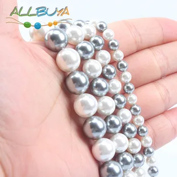 6/8/10/12mm Blanco Natural Gris Perlas de perlas para la Joyería de BRICOLAJE Accesorios Brillantes Cuentas de Concha del Encanto Pulseras Collares