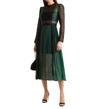 SMTHMA de Alta Calidad de las Mujeres de manga Larga de la Pista Vestido de Otoño Nueva Moda Mosaico Verde plisado de Encaje Vestidos vestidos