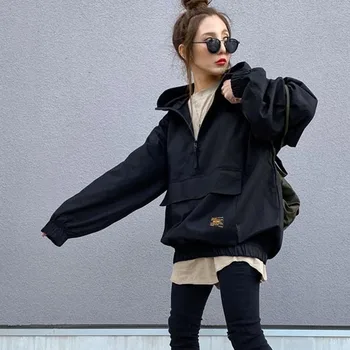 Las Mujeres Sólida Sudadera Con Capucha Fresca De Otoño En Primavera 2020 Señoras De Oficina Suelto Pullover Con Capucha Abrigo Japonés Coreano Causal Outwear Tops Negro