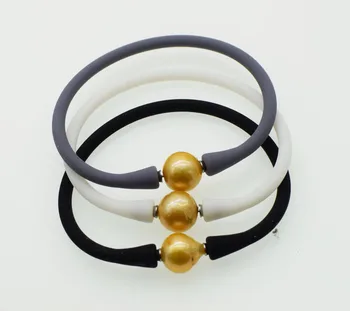 Una pieza de perlas de agua dulce cerca de ronda blanco/gris/oro 10-11mm de silicona y 7,5 pulgadas pulsera FPPJ mayorista de perlas de la naturaleza