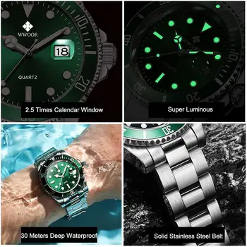 WWOOR Hombres Relojes 2020 de Lujo Completa de Acero Impermeable de Fecha Automático Reloj de los Hombres de Cuarzo Verde de Buceo Deportivo Reloj de Pulsera de Reloj Hombre