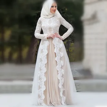 Champagne Musulmán Vestido de Novia 2020 Mangas Largas Apliques Vestido de Novia vestidos de noiva Casamento Vestido de Novia bata de marie