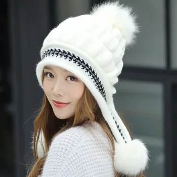 Nueva moda Otoño invierno coreano caliente espesar orejeras sombrero de punto cómodo de mujeres chicas lindas casual al aire libre sombrero de bolas de pelo tapas