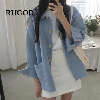 RUGOD Ins popular de las mujeres chaqueta de punto coreano elegante turn-down collar de las señoras suéter de la Moda de una sola botonadura bolsillos overwear femme