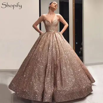 Brillante Larga de las Mujeres Vestidos Formales 2020 Balón Vestido de Novia de la Rosa de Oro al Estilo árabe de Dubai de Noche Vestido de traje de gala