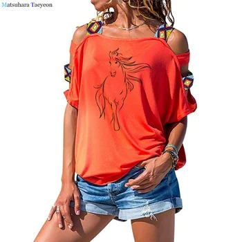 De moda Creativo de Caballos Camiseta de las Mujeres Teeshirt de Ropa de Mujer Casual Divertido camisetas de Manga Corta camiseta Hueco del Hombro Tops