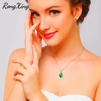 RongXing Clásico Rojo/Verde de la Piedra Gota de Agua Pendientes De Mujer de Plata de Color de Circón Collar de Mayo de Piedra Gargantilla ZR0121