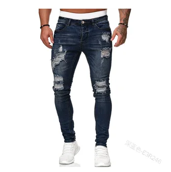 2020 Otoño De Los Hombres De La Moda Arrancó Slim Locomotora Jeans Azul Clásico Lápiz Pantalones De Fiesta Que Data Del Dril De Algodón De La Ropa De Los Hombres