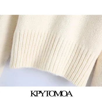 KPYTOMOA Mujeres 2020 de la Moda Patchwork Recortada Chaqueta de Punto Suéter de la Vendimia de Manga Larga Botón de Mujer ropa de Abrigo Chic Tops