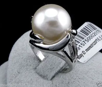Venta caliente nuevo Estilo >>>>de la Moda con encanto enorme 14mm ronda de los mares del sur concha blanca de la perla del anillo 8#