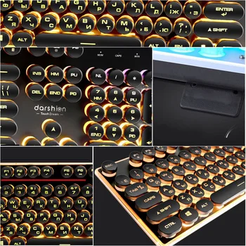 Juego ruso inglés Teclado Retro Ronda Brillante Keycap Metal Panel Retroiluminado USB con Cable Iluminado de la Frontera