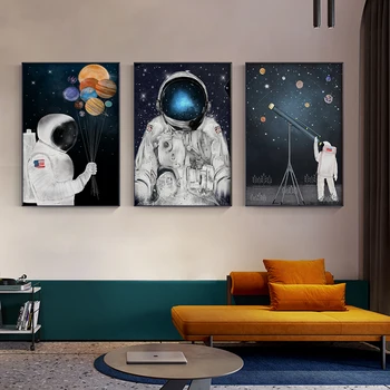 Dibujos animados Planeta Astronauta Arte de la Pared de la Lona de Pintura Nórdica Universo Espacio Carteles N Imprime las Imágenes de la Pared para los Niños, el Niño de la Habitación