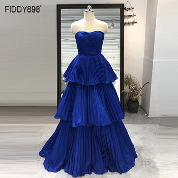 Azul real Vestidos de Noche Para las Mujeres de Una línea sin Tirantes Plisado Desgaste del Partido de Largo Vestidos de Falda Elegante Vestido Formal de la Bola