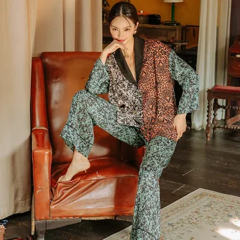 Maison Gabrielle de Seda de 2 piezas de Conjunto de Pijama de las Mujeres Loungewear Primavera Verano de manga Larga, Pantalones de Pierna Ancha de Vacaciones Trajes de ropa de dormir