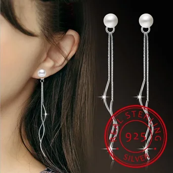Exquisito Simple de la Moda de la Plata Esterlina 925 de la Borla de la Ondulación del Oído de la Línea de Concha de Perla Largos Aretes de Brincos Para las Mujeres S-e172