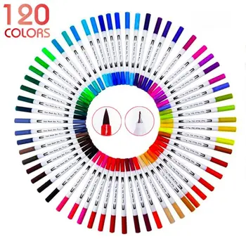 120 Colores de Arte Marcadores de Doble Consejos para Colorear Pincel Lápiz Fineliner Color de Agua Marcador de la Escuela de Arte de Suministros de Dibujo para Colorear Libro