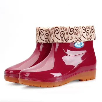 Nuevo Ocio botas de lluvia de las mujeres de Tacón Bajo punta Redonda Zapatos Impermeables Medio del Tubo de Botas de Lluvia chaussures femmes 239