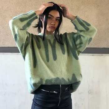 Corea Verde Despojado Suéter Kawaii Verde A Rayas De Impresión Suéter De Invierno O-Cuello Suelto De Manga Larga Ropa De Ropa De Abrigo Caliente De Las Mujeres