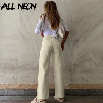 ALLNeon Indie Estética altura de la Cintura Ancho de Pierna Marrón Jeans Y2K Ropa de Mezclilla Pantalones Holgados de los 90 la Moda Recta Pantalones de Primavera