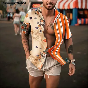 INCERUN 2021 Hombres Camisa Casual de Impresión de Rayas de Retazos de la Solapa de Manga Corta para Hombre de la Moda Camisa Hawaiana Streetwear Camisas de S-5XL