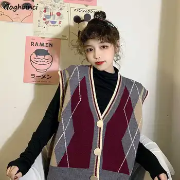 Suéter de punto Chaleco de las Mujeres Argyle Vintage coreano de Paneles Sueltos Informal partido Abierto puntada Simple Moda Street-wear Ulzzang