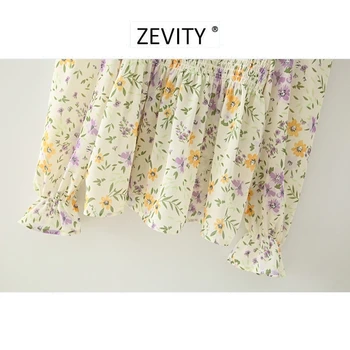 Zevity de las Nuevas mujeres de la moda de la plaza de collar floral de la impresión delantal elegante blusa de señora elástica volantes blusas femininas camisa tops LS7002