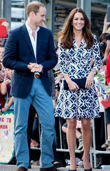 Kate Middleton Vestido estampado Geométrico de Una línea Elegante de Manga Larga Casual Azul Vestidos de W051