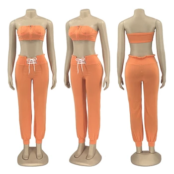 2020 Sexy Mujer 2 piezas Traje de Fuera de Shouler Tubo de Cultivo Superior Sueltos Pantalones Largos Trajes de las Mujeres de la Moda Streetwear de Chándal de 2 colores