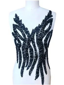 Hechos a mano de cristal negro parches de coser apliques de Pedrería en blanco de malla con piedras, lentejuelas, perlas 54*29 cm de la parte superior del vestido