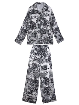 Pesado de la artesanía de la selva impresión de tinta suelta de dos piezas de la camisa de las señoras del otoño nuevo estilo + de cintura alta pantalones de traje de moda