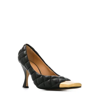 Zapatos de Mary Jane Mujeres Desnudas con Tacones de Metal de Oro de pies Cuadrados de Bombas de Zapatos de las Mujeres 8Cm Alto de piel de Oveja de Patrón de Diamante Negro Zapatos de Primavera