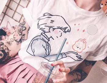 PUDO-XSXSophie Besos Calcife T-Shirt de las Mujeres Tumblr Estética Anime Japonés Kawaii Camiseta de los Aullidos en Movimiento Castillo de la Camisa