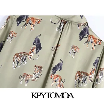 KPYTOMOA Mujeres 2020 Chic de la Moda Con Cinturón Animal Print Suelto Mini Vestido Vintage de Manga Larga Botón arriba Femeninos Vestidos Vestidos