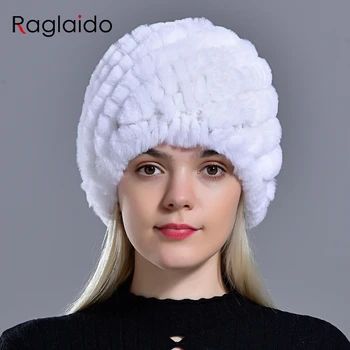 Raglaido Conejo de invierno de piel de sombrero para las Mujeres rusas Piel Real de Punto de Tapa headgea Caliente del Invierno Beanie Sombreros 2019 marca de moda LQ11279