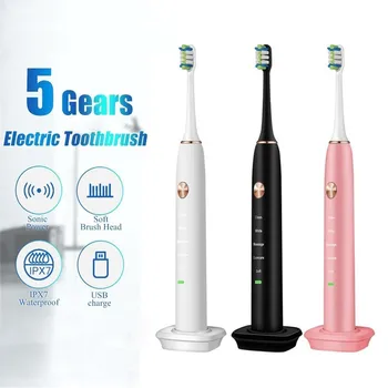 5 Modos de Cepillo de dientes Eléctrico por Ultrasonidos USB Adulto Cepillos de Dientes Impermeable Poderoso de Blanqueamiento de Dientes Cepillo Con 2 Cabezal del Cepillo