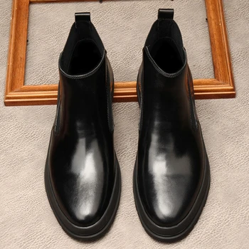 Estilo británico de Hombre hechos a Mano Cómodo Plana Zapatos de Plataforma de Cuero Genuino Dedo del pie Redondo de los Hombres de a Caballo Chelsea Botas de Tobillo MDE118