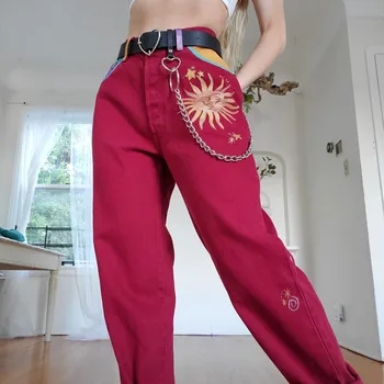 Las mujeres del Sol Imprimir Directamente Casual Rojo Pantalones de Ropa de Pantalones Largos, Pantalones Harem De Mujeres Vintage de Cintura Alta Pantalones de Damas